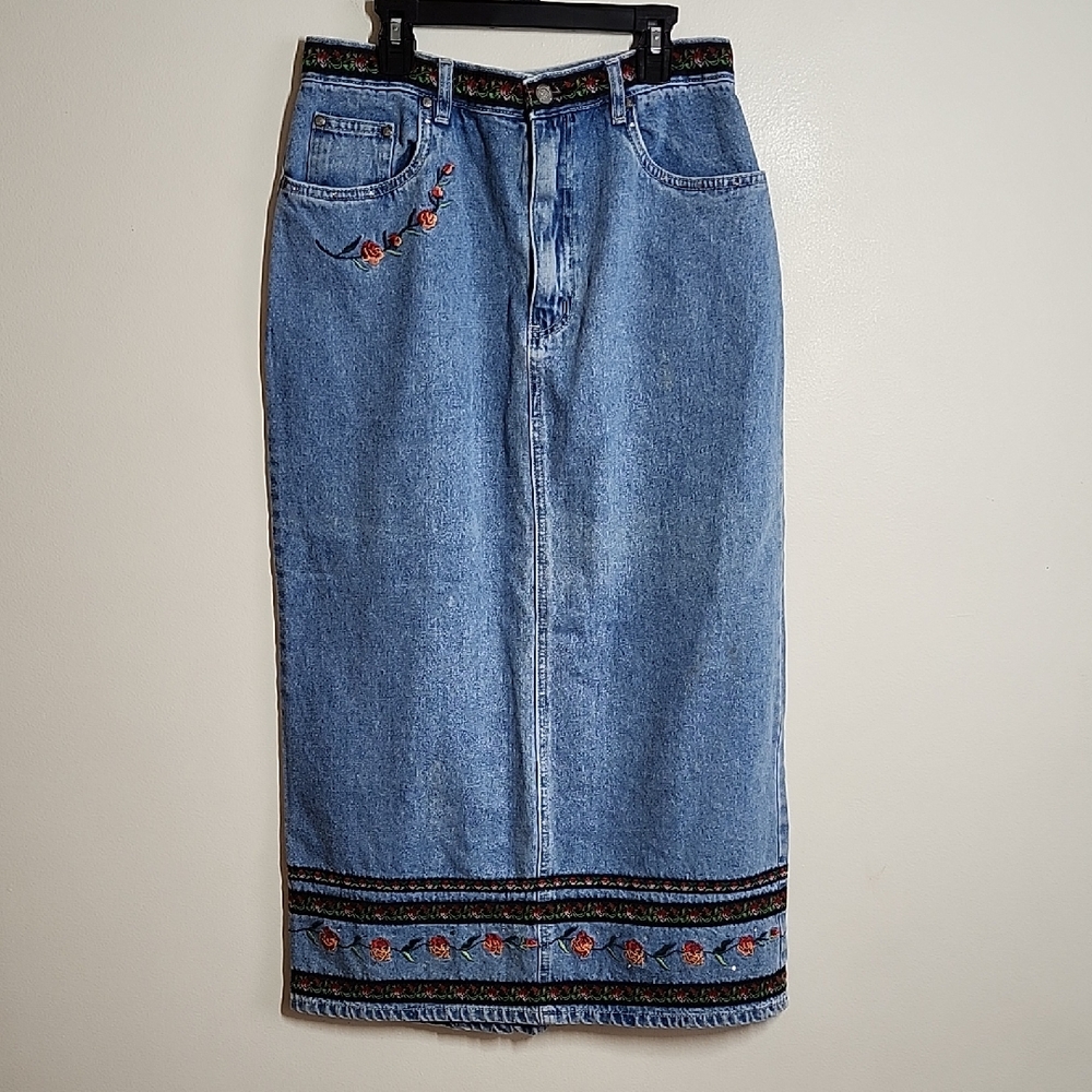 Bill Blass Vintage Embroidered Denim Skirt Maxi Skirt With Fron Slit Womens 10